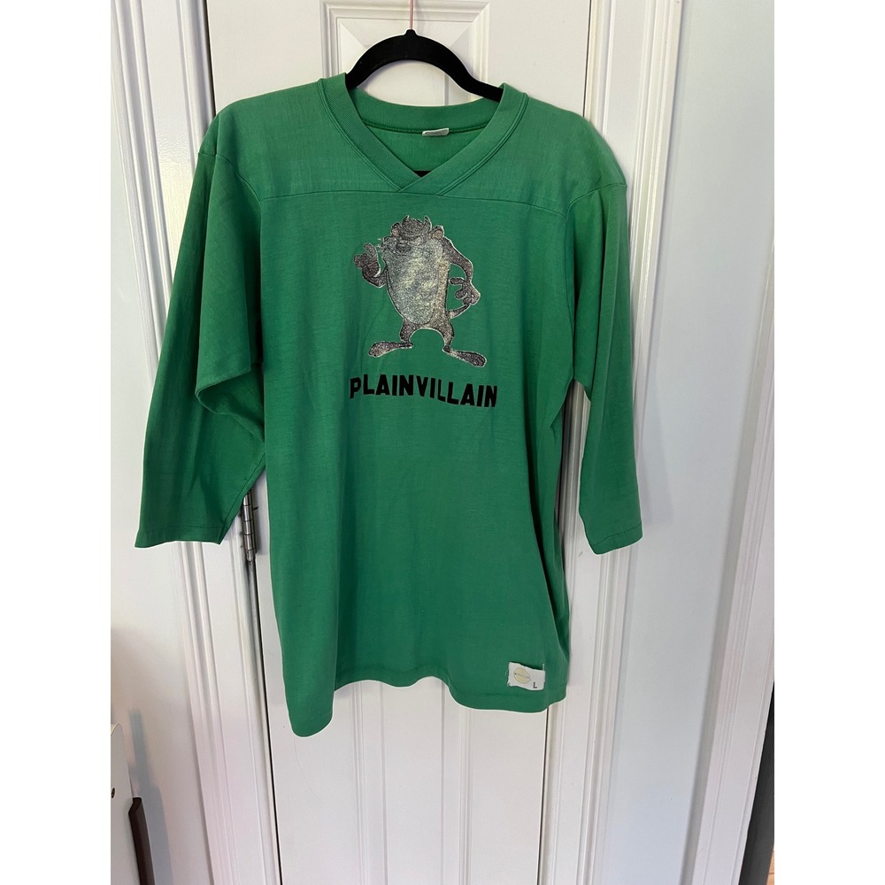 Vintage Medallion Taz Plainvillain Jersey T-Shirt Green Looney Tunes Large USA